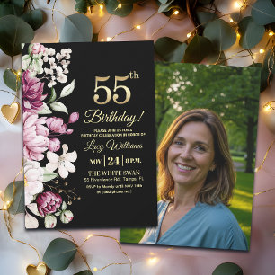 Elegante Bloem Goud 55 Verjaardag Foto Kaart