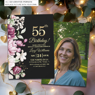 Elegante Bloem Goud 55 Verjaardag Foto Kaart
