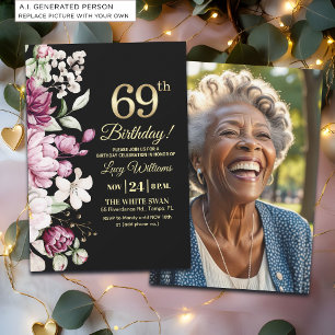 Elegante Bloem Goud 69 Verjaardagsfoto Kaart