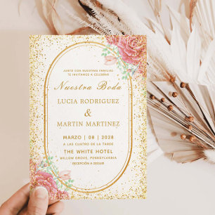 Elegante bloem gouden lijst Glitter Onze Bruiloft Kaart