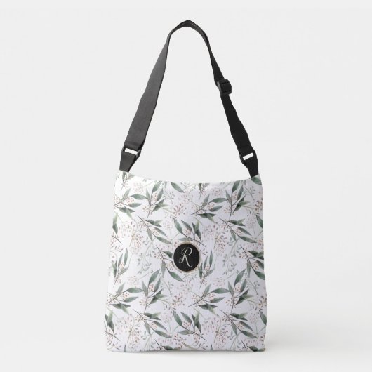 Elegante bloem groen blad monogram roze bloem crossbody tas (Voorkant)