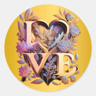 Elegante Bloem, Hart en Gouden Liefde Ronde Sticker
