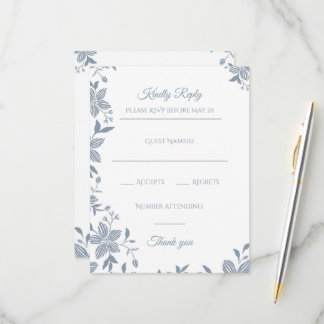 Elegante bloem in stoffig blauwe uitvaart RSVP kaartje