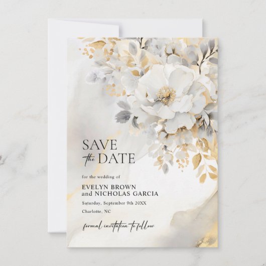 Elegante Bloem Pioen Goud Grijs Zwart Bruiloft Save The Date (Voorkant)