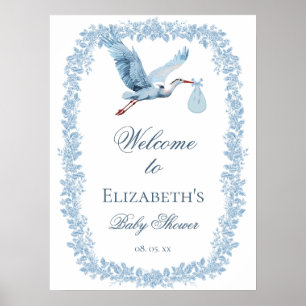 Elegante bloem toile lijst blauwe ooievaar welkom poster