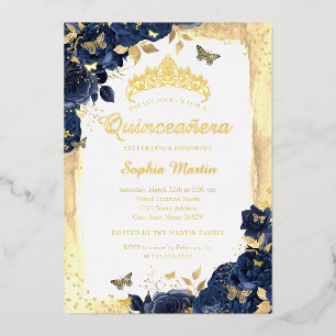 Elegante Bloem Vlinder Goud Navy Quinceanera Folie Uitnodiging