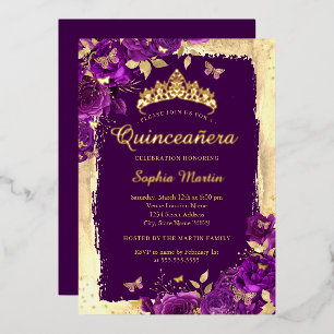 Elegante Bloem Vlinder Paars Goud Quinceanera Folie Uitnodiging