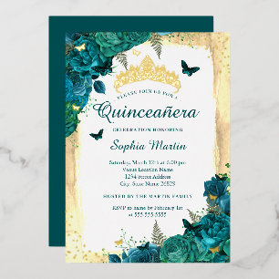 Elegante Bloem Vlinder Turquoise Gouden Quinceaner Folie Uitnodiging