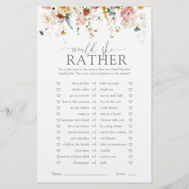 Elegante Bloem Would She Rather Bruidsfeestje Spel (Voorkant)