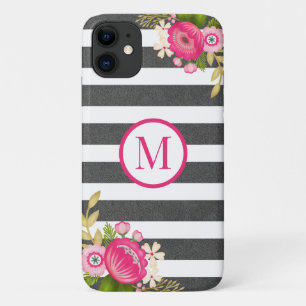 Elegante bloem zwart wit streep monogram iPhone 11 hoesje