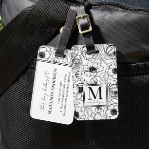 Elegante Bloem Zwarte Witte Naam Monogram Bagagelabel