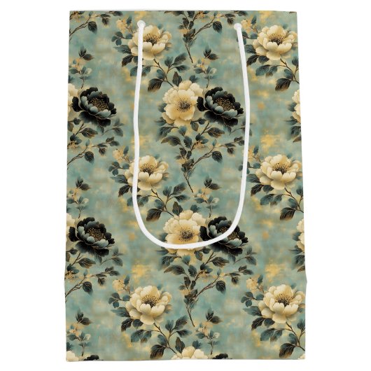 Elegante Bloemcrème & Zwarte Decoupage Medium Cadeauzakje (Achterkant)