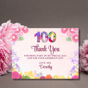 Elegante Bloemen 100ste Verjaardag Pastel 100 Dank Briefkaart