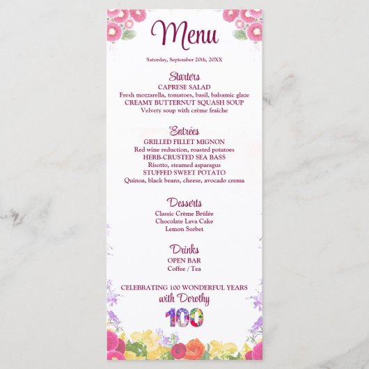 Elegante Bloemen 100ste Verjaardagsfeest / 100 Jaa Menu (Voorkant)