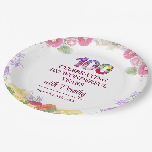 Elegante Bloemen 100ste Verjaardagsfeest / 100 Jaa Papieren Bordje (Gekanteld)