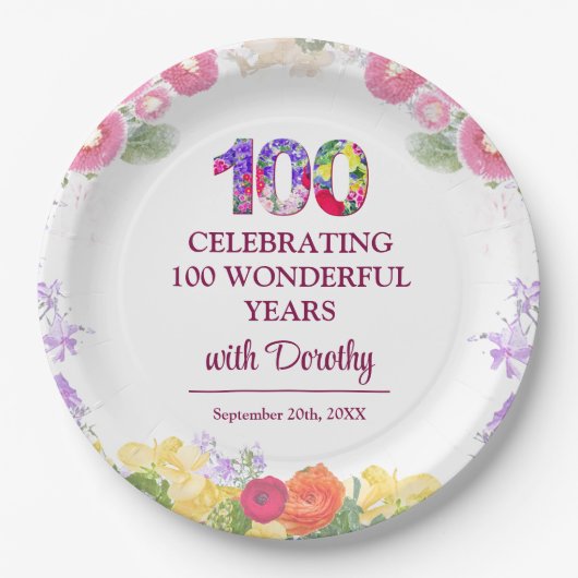 Elegante Bloemen 100ste Verjaardagsfeest / 100 Jaa Papieren Bordje (Voorkant)