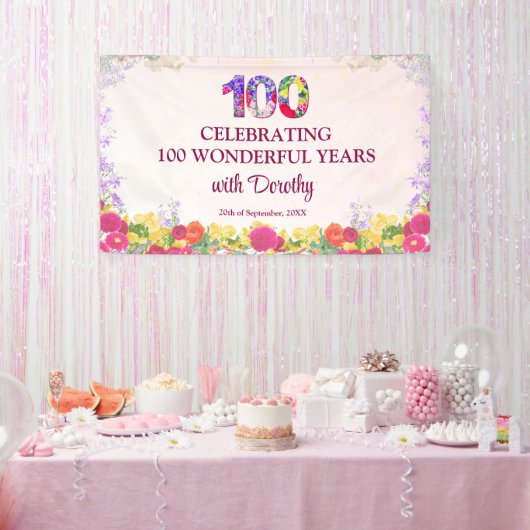 Elegante Bloemen 100ste Verjaardagsfeest / Pastel Spandoek (Feest)