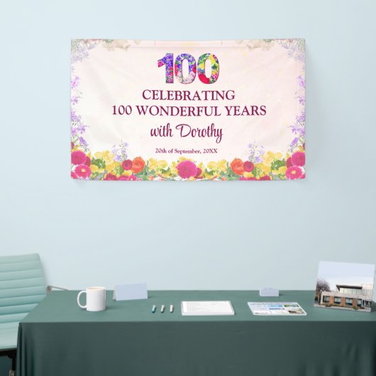 Elegante Bloemen 100ste Verjaardagsfeest / Pastel Spandoek (Beurs)