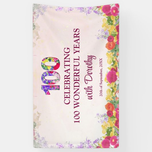 Elegante Bloemen 100ste Verjaardagsfeest / Pastel Spandoek (Verticaal)