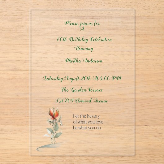 Elegante bloemen 60e verjaardag uitnodiging voor m acryl uitnodigingen (Voorkant)