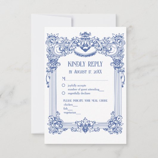 Elegante Bloemen Barok Blauw Column Huwelijk RSVP Kaartje (Voorkant)