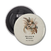 Elegante bloemen bladeren en veren bruiloft button flesopener (Voorkant)