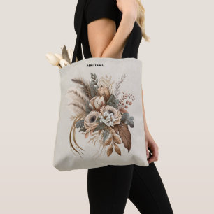 Elegante bloemen, bladeren en veren draagtas