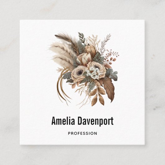 Elegante bloemen, bladeren en veren vierkante visitekaartje (Voorkant)
