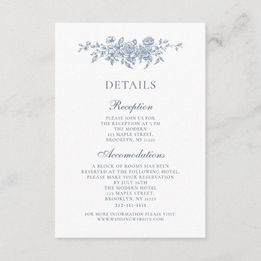 Elegante Bloemen Blauw Bruiloft Details Informatiekaartje (Voorkant)