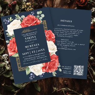 Elegante Bloemen Blauw Moslim Trouwen QR Code Kaart