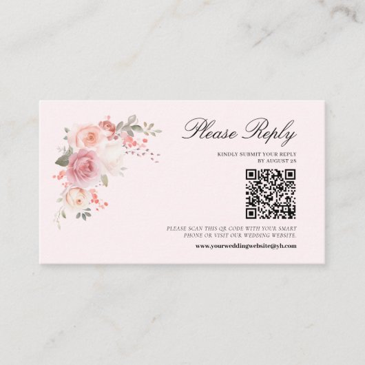 Elegante Bloemen Blush Roze QR Code Huwelijk RSVP Informatiekaartje (Voorkant)