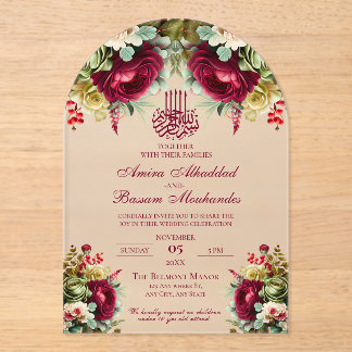 Elegante Bloemen Bourgondische Rozen 3 Islamitisch Acryl Uitnodigingen