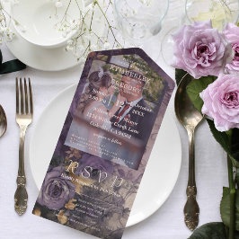 Elegante  Bloemen Dark Plum Paarse Foto All In One Uitnodiging