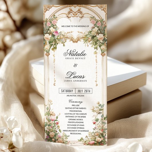 Elegante bloemen en gouden bruiloft programma