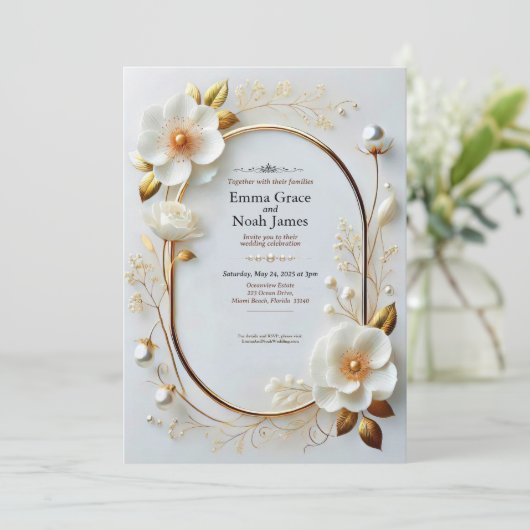 Elegante bloemen en gouden bruiloft uitnodiging (Staand voorkant)