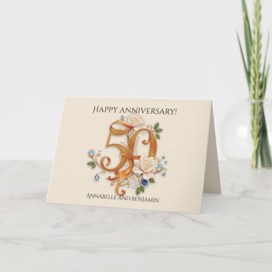 Elegante bloemen en Pareltjes 50ste bruiloft Jubil Kaart (Voorkant)