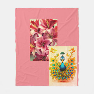 "Elegante bloemen- en pauwenprint Fleece Deken