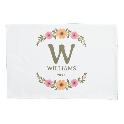 Elegante Bloemen Familienaam Monogrammed Kussensloop (Voorkant-Links)