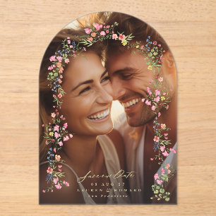 Elegante Bloemen Fotoboog Save the Date Wedding Acryl Uitnodigingen