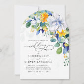Elegante bloemen geel wit blauw boog bruiloft kaart (Voorkant)