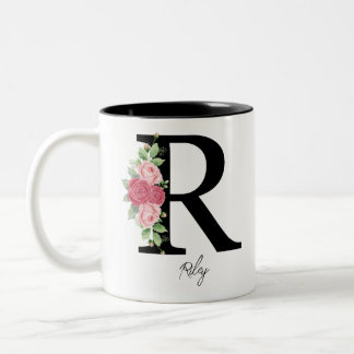 Elegante Bloemen Gepersonaliseerde Monogram Koffie Tweekleurige Koffiemok