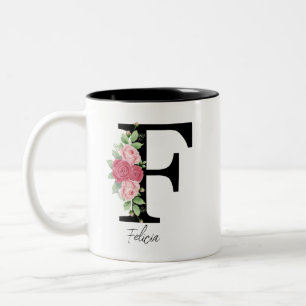 Elegante Bloemen Gepersonaliseerde Monogram Koffie Tweekleurige Koffiemok