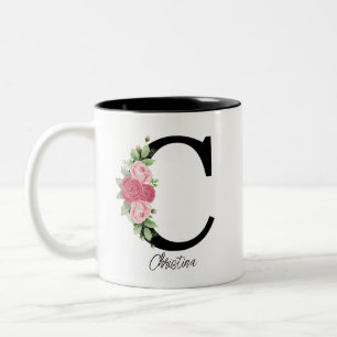 Elegante Bloemen Gepersonaliseerde Monogram Koffie Tweekleurige Koffiemok