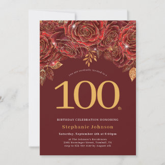 Elegante bloemen goud bordeauxrood 100ste verjaard kaart