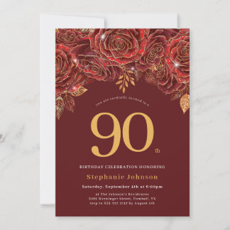 Elegante bloemen goud bordeauxrood 90ste verjaarda kaart