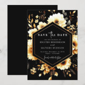 Elegante bloemen Gouden en Zwarte bruiloft Save The Date (Voorkant / Achterkant)