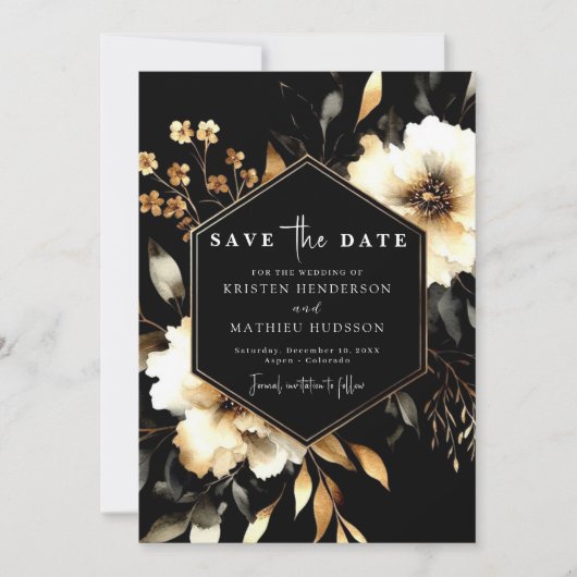 Elegante bloemen Gouden en Zwarte bruiloft Save The Date (Voorkant)