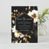 Elegante bloemen Gouden en Zwarte bruiloft Save The Date (Staand voorkant)