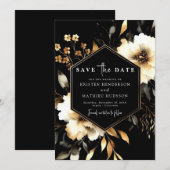 Elegante bloemen Gouden en Zwarte bruiloft Save The Date (Voorkant / Achterkant)