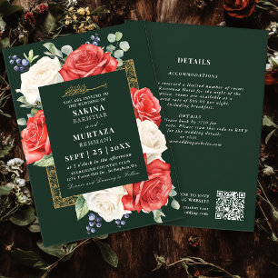Elegante Bloemen Groene Moslim Trouwen QR Code Kaart